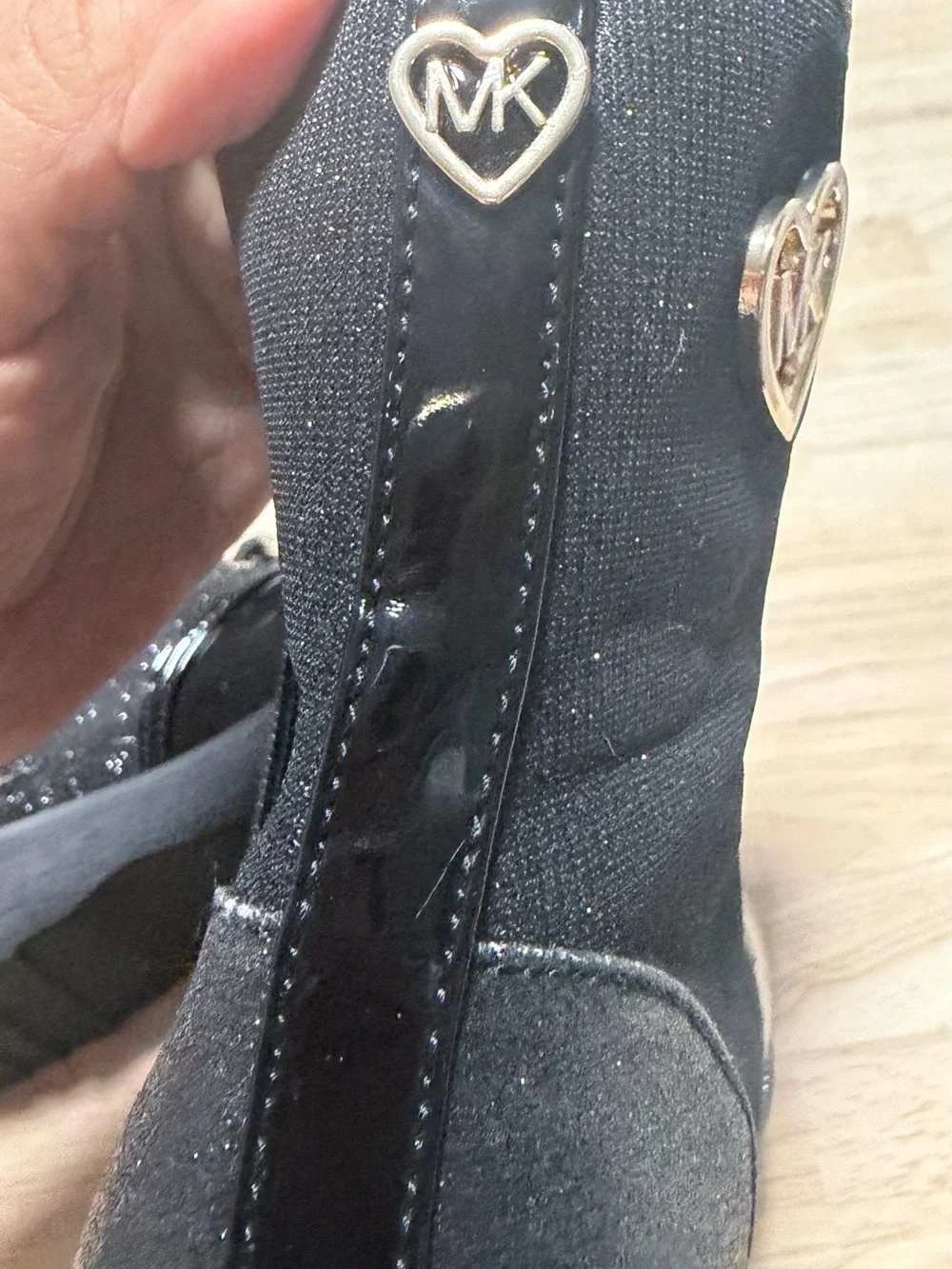 Michael Kors Black Patent Lace-Up Combat Boots with Gold Heart Detail